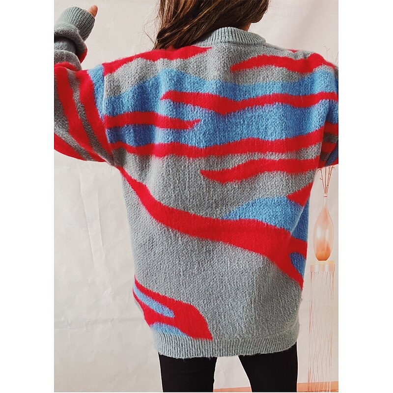 Women's Sweater Pullover Sweater Jumper Casual Soft Graphic Ribbed Crew Neck Knitted Long Sleeve Regular Tops Knit Outdoor Daily Weekend Red Fall Winter2