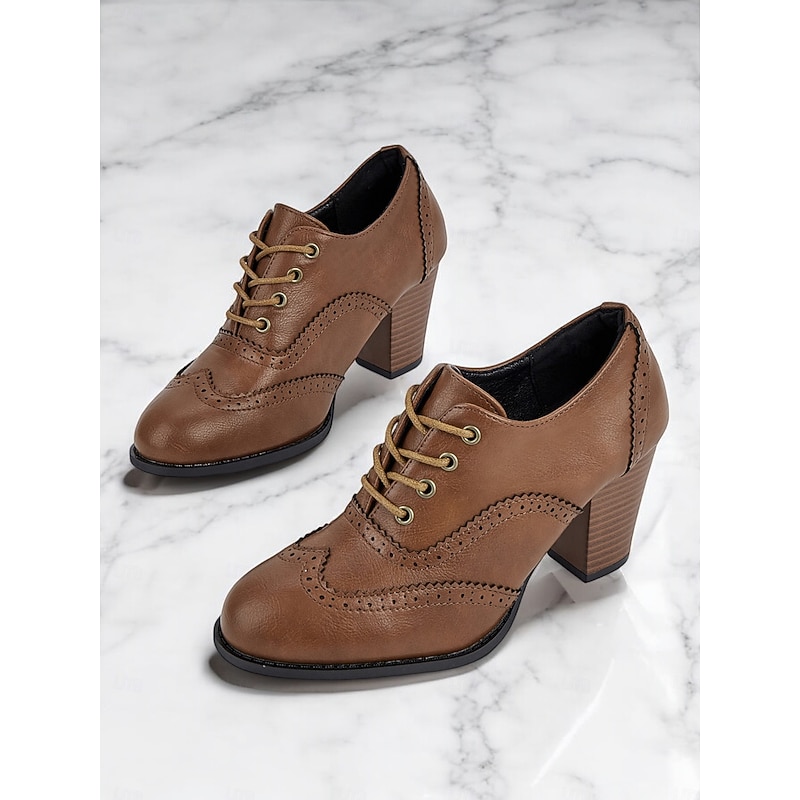 Women's Vintage Lace-Up Brogue Oxford Shoes – Brown Faux Leather Block Heel Dress Shoes for Formal and Casual Occasions3