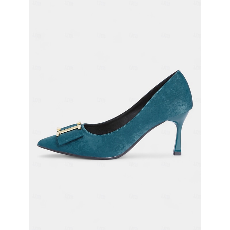 Women's Teal Velvet Pointed Toe Kitten Heel Pumps - Elegant Evening and Office Shoes with Gold Buckle Detail3