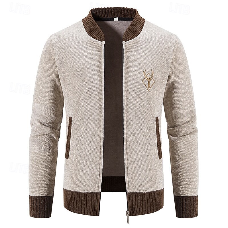 Men's Cardigan Sweater Cropped  Sweater Zip Sweater Knit Sweater Ribbed Knit Regular Patchwork Pocket Color Block Stand Collar Fashion Classic Daily Wear Date Clothing Apparel Fall & Winter Black