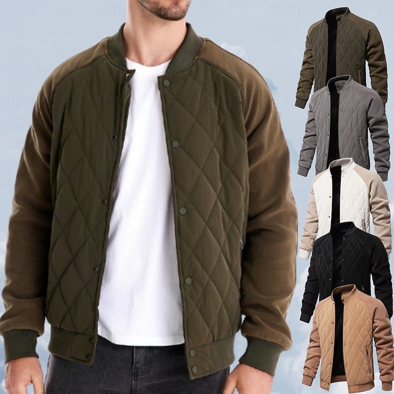 Men's Bomber Jacket Fleece Jacket Padded Casual Daily Vintage Style Fall & Winter Color Block Casual Standing Collar Regular Camel Apricot Black Army Green Grey Jacket