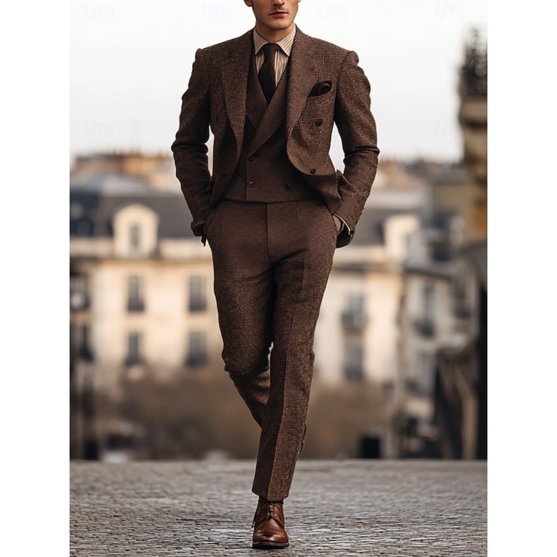 Men's Wedding Prom Tweed Suits Notch Lapel Chocolate Fashion Retro Vintage Herringbone Tailored Fit 3 Piece Double Breasted Six-buttons3
