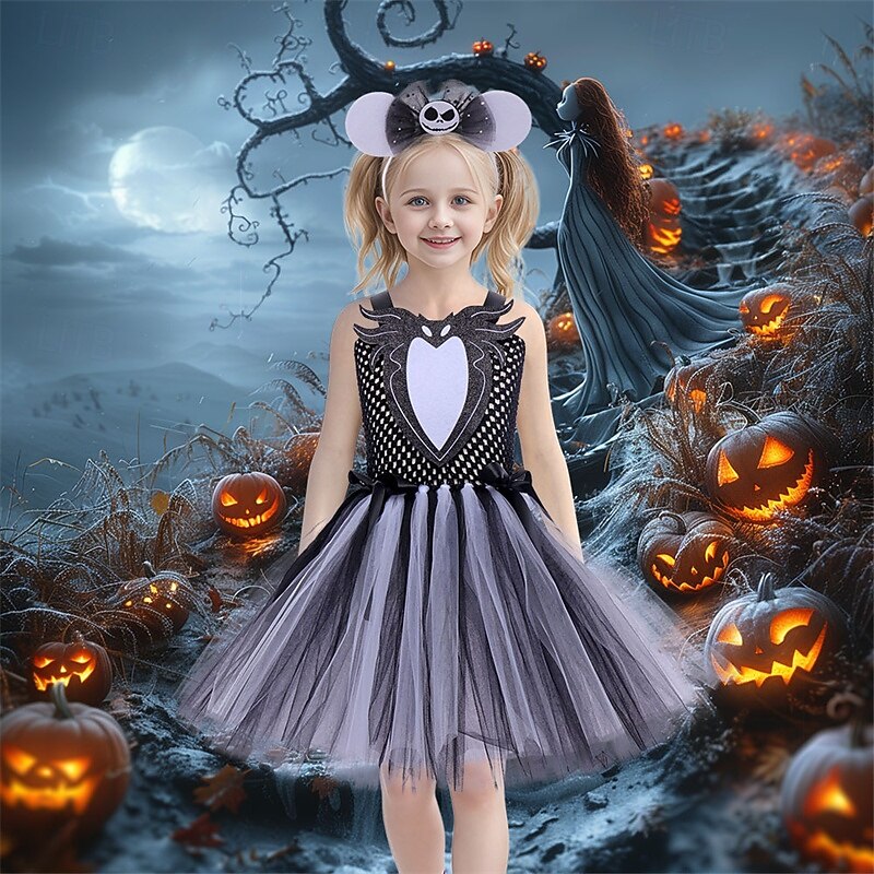 Kids Girls' Cosplay Dress Party Dress Color Block Sleeveless Performance Halloween Party Mesh Patchwork Beautiful Sweet Polyester Knee-length Party Dress A Line Dress Tulle Dress Summer 4 years+ Gray4