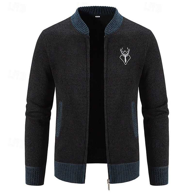 Men's Cardigan Sweater Cropped  Sweater Zip Sweater Knit Sweater Ribbed Knit Regular Patchwork Pocket Color Block Stand Collar Fashion Classic Daily Wear Date Clothing Apparel Fall & Winter Black2