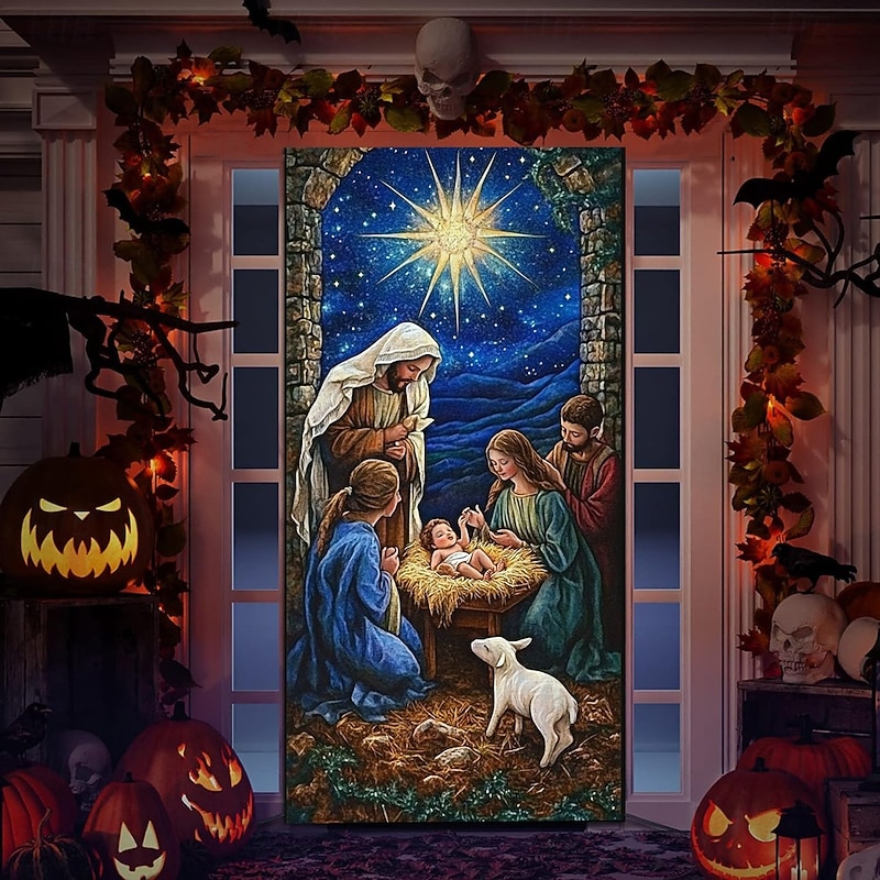 Christmas Door Decorations Door Covers Nativity Scene Xmas Snowman Door Tapestry Door Curtain Decoration Backdrop Indoor/Outdoor Door Banner for Front Door Farmhouse - Main Image