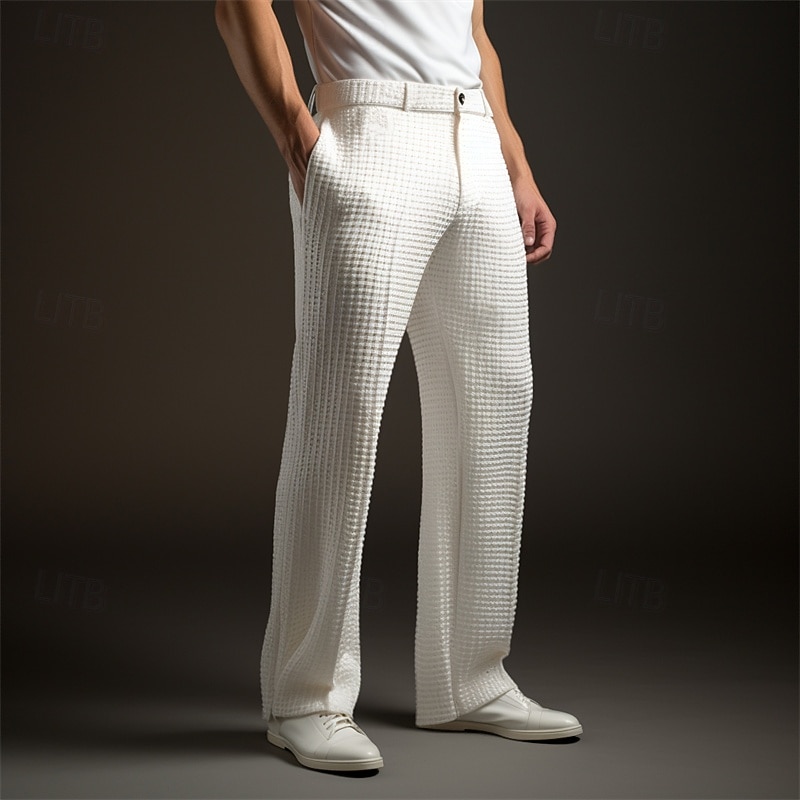 Men's Trousers Dress Pants Suit Pants Waffle Pants Front Pocket Straight Leg Plain Comfort Soft Full Length Wedding Outdoor Business Fashion Chic & Modern Black White Stretchy