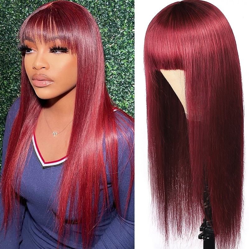 Full Mechanism Wig 99J# Burgundy Straight Hair Wig Human Hair 12-24 Inches