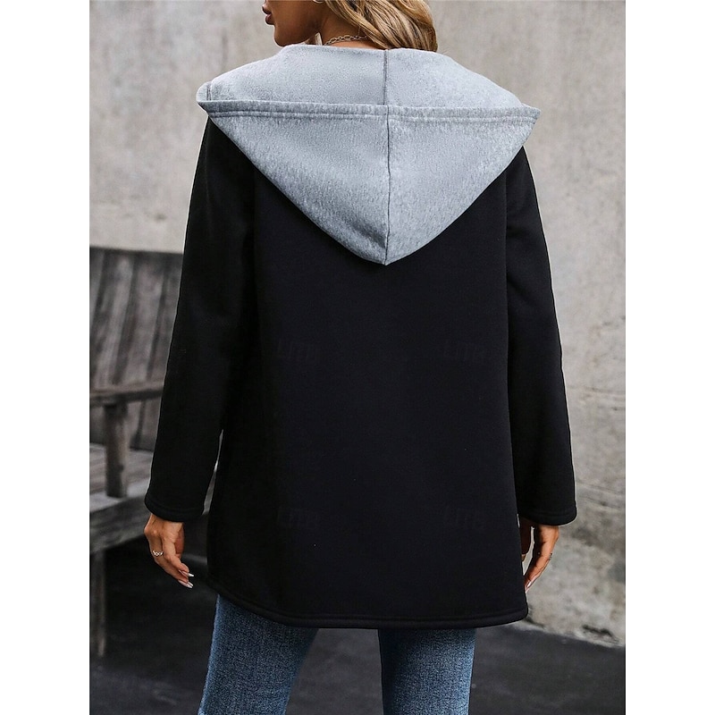 Women's Casual Jacket Hoodie Jacket Outdoor Street Daily Wear Fall Winter Regular Coat Regular Fit Thermal Warm Breathable Stylish Casual Jacket Long Sleeve Plain with Pockets Black2