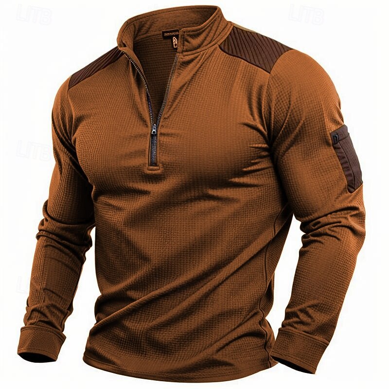Men's T Shirt Waffle Knit Tee Quarter Zip Tee Long Sleeve Stand Collar Quarter Zip Spring Fall Spring &  Fall Solid Color Knitwear Vintage Daily Patchwork Pocket Outdoor Causal Casual Dark Brown2