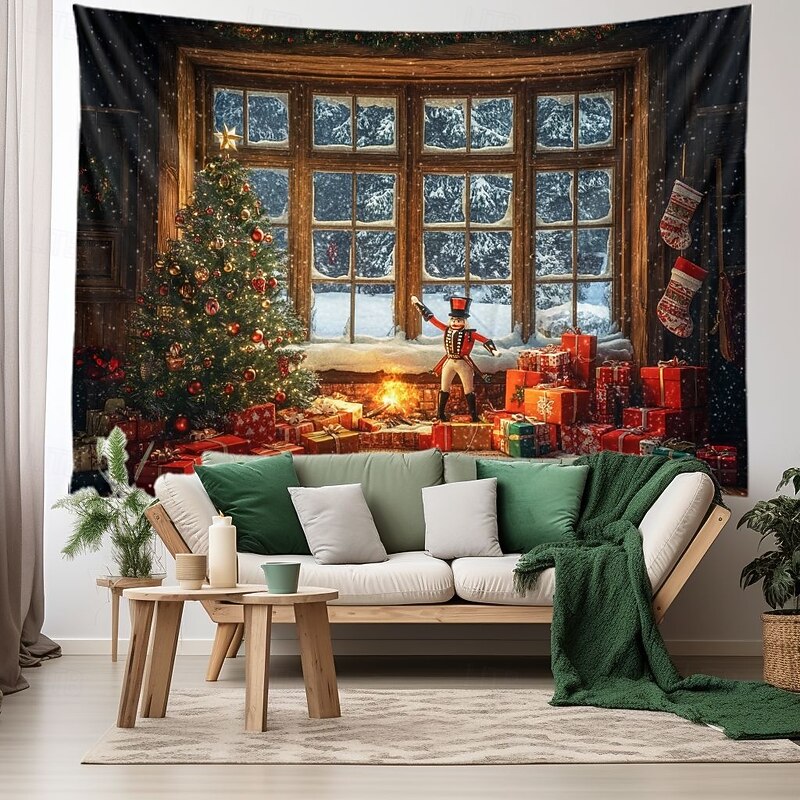Christmas Decorations Hanging Tapestry Window View Xmas Nutcracker Wall Art Large Tapestry Mural Decor Photograph Backdrop Blanket Curtain Home Bedroom Living Room Decoration3