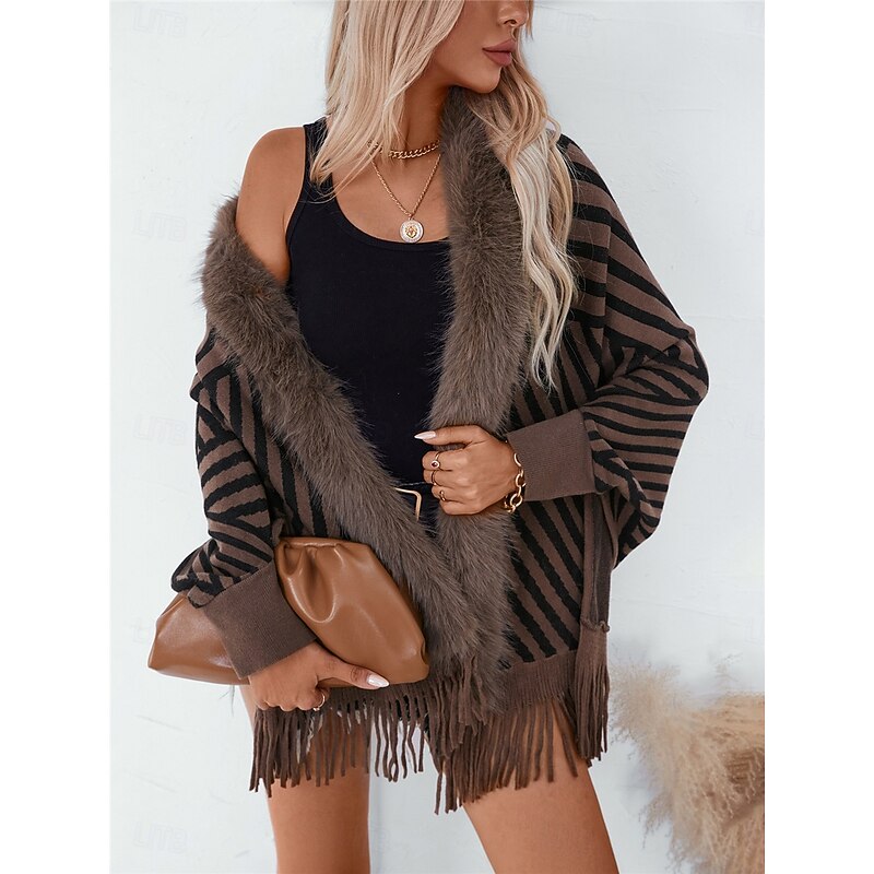 Women's Shrug Casual Soft Striped Ribbed Crew Neck Knitted Faux Fur Trim Long Sleeve Regular Tops Knit Outdoor Daily Weekend Wine Apricot Fall Winter4