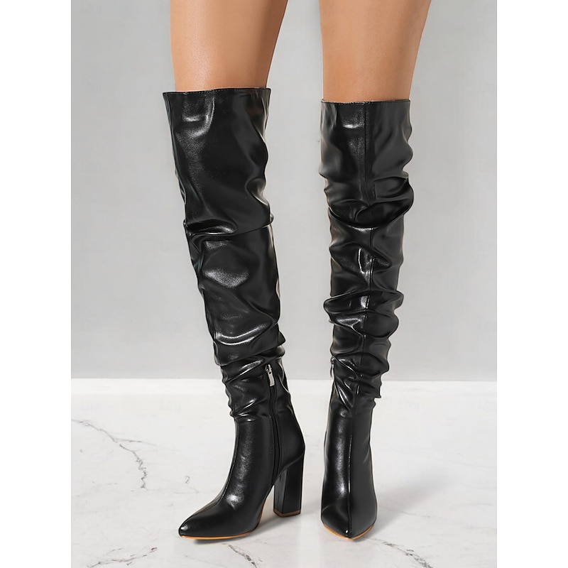 Women's Black Slouchy Over-the-Knee Boots – Stylish Pointed Toe with Block Heel for Winter Fashion and Evening Outfits4