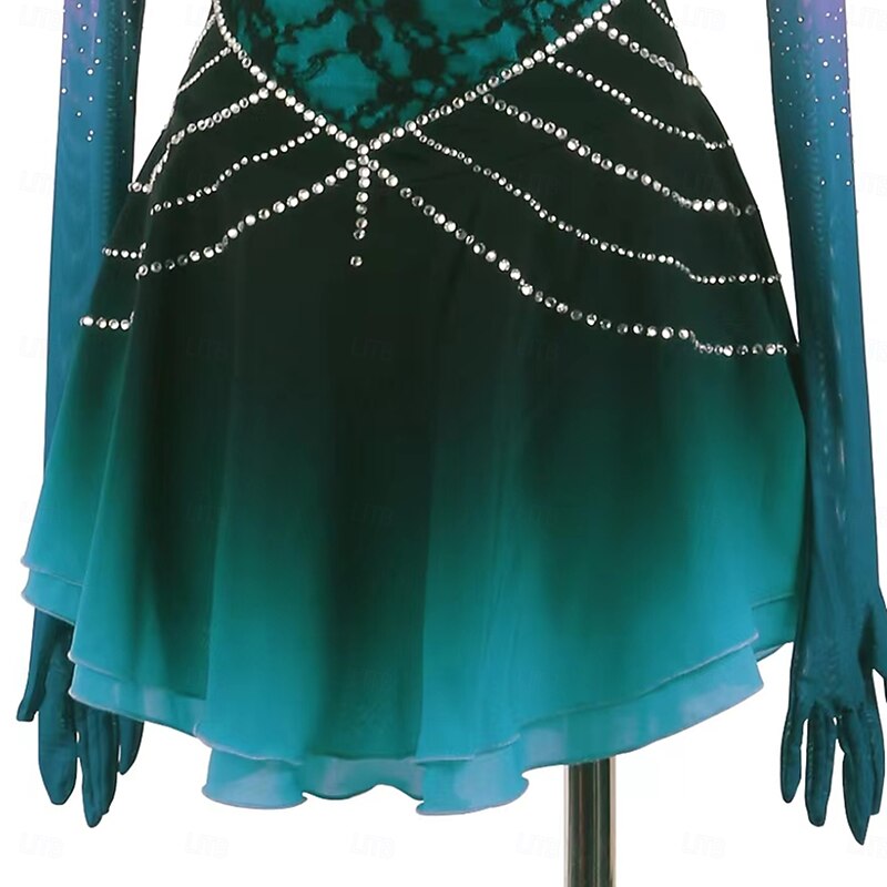 Figure Skating Dress Women's Girls' Ice Skating Dress Dark Grey Forest Green Thumbhole Halo Dyeing Mesh Spandex Stretchy Training Practice Professional Skating Wear Thermal Warm Classic Crystal3