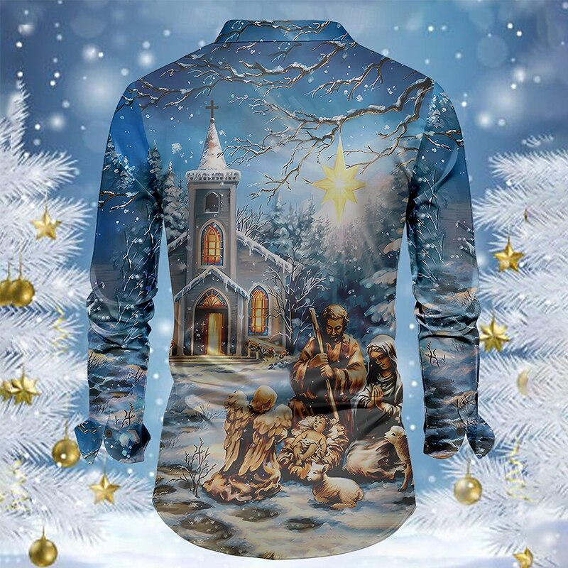 Christmas Men's Faith Christian Christmas Scene Shirt Dress Shirt Button Up Shirt Long Sleeve Fashion Casual Vacation Party Evening Wear Dailywear Summer Spring Fall Collared Shirts 3D Print Blue2