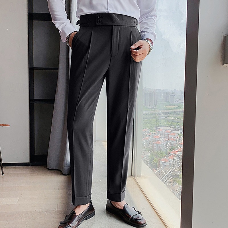Men's Dress Pants Trousers Slacks Suit Pants Gurkha Pants Pocket High Rise Plain Comfort Soft Wedding Office Business Elegant Vintage Dark Khaki Black Micro-elastic3