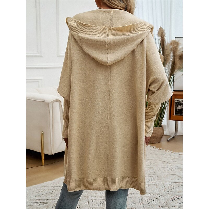 Women's Sweater Cardigan Casual Soft Pure Color Ribbed Hooded Buttons Pocket Knitted Long Sleeve Long Tops Knit Outdoor Daily Weekend Black Fuchsia Fall Winter2