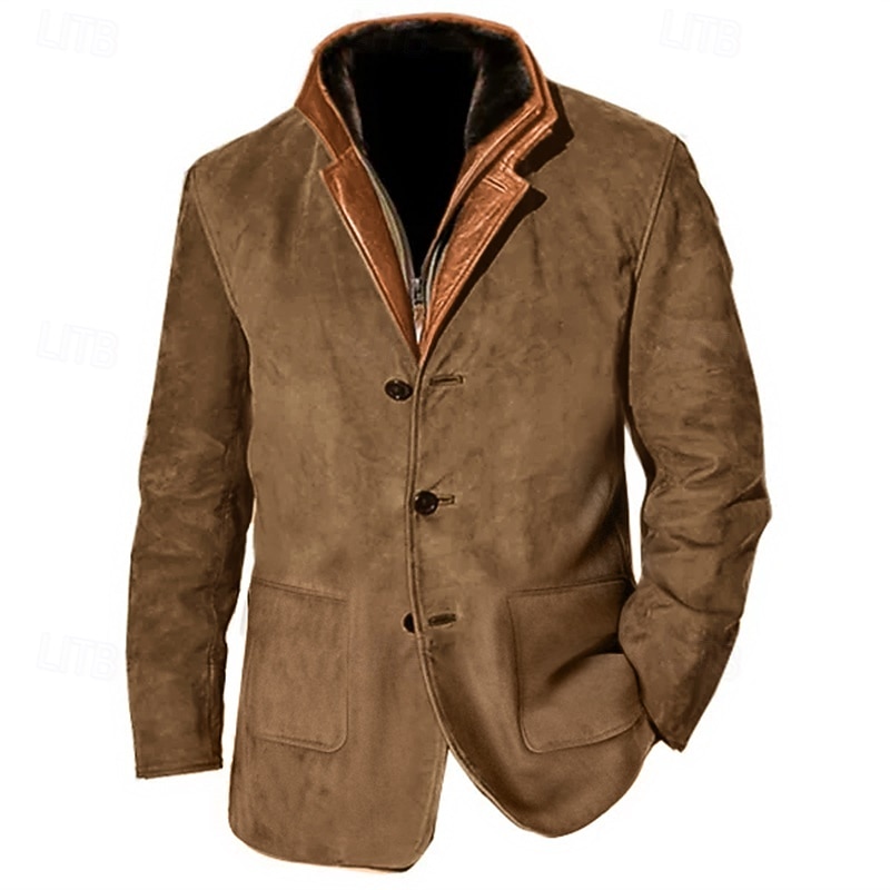 Men's Windbreaker Faux Suede Jacket Western Leather Jacket Daily Vacation Thermal Warm Fleece Collar No Fleece Lining Fall & Winter Plain Fashion Streetwear Hooded Regular Brown Khaki Grey Jacket