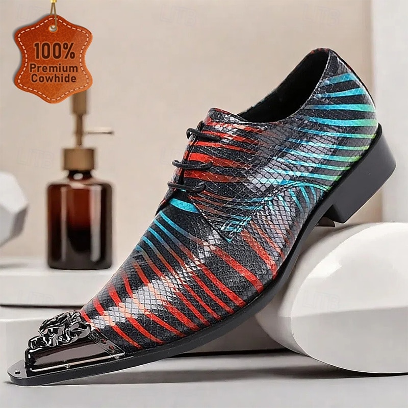 Men's Multicolor Snakeskin Leather Dress Shoes – Pointed Toe Lace-Up Shoes with Metal Tip for Formal and Fashion-Forward Occasions