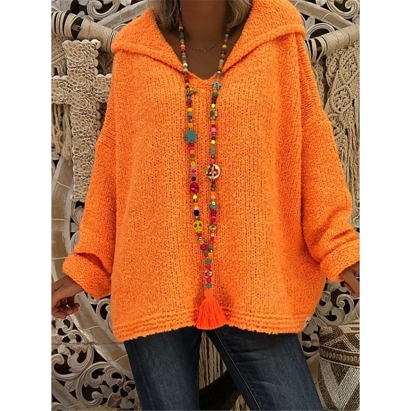 Women's Sweater Pullover Sweater Jumper Casual Soft Pure Color Ribbed Hooded Knitted Long Sleeve Regular Tops Knit Outdoor Daily Weekend Pink Orange Fall Winter2