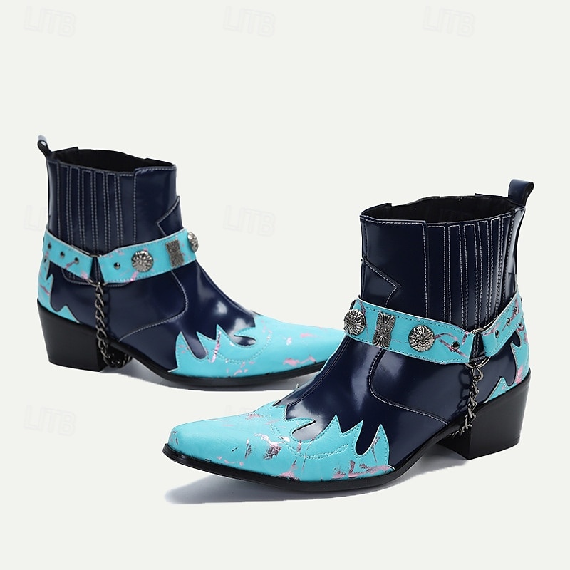 Men's Blue and Turquoise Leather Motorcycle Boots – Western Style Ankle Boots with Silver Buckle Detailing for Bold Fashion4