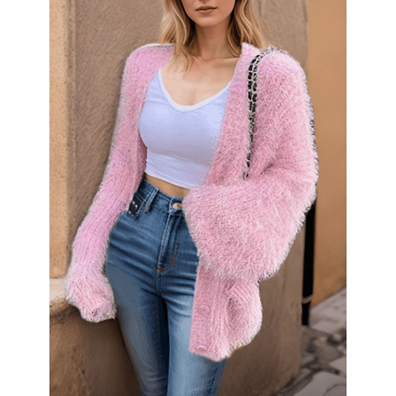 Women's Sweater Cardigan Casual Soft Pure Color Ribbed V Neck Buttons Knitted Long Sleeve Regular Tops Knit Outdoor Daily Weekend White Pink Fall Winter4