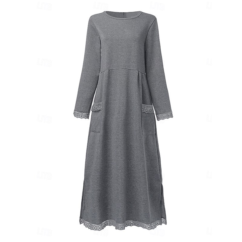 Women's Lace Dress Maxi Dress Lace Patchwork Casual Crew Neck Long Sleeve Black Green Gray Color4