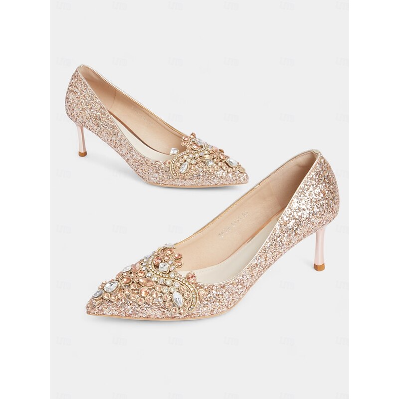 Women's Gold Glitter Stiletto Heels with Embellished Rhinestones – Elegant Wedding and Evening Party Shoes4