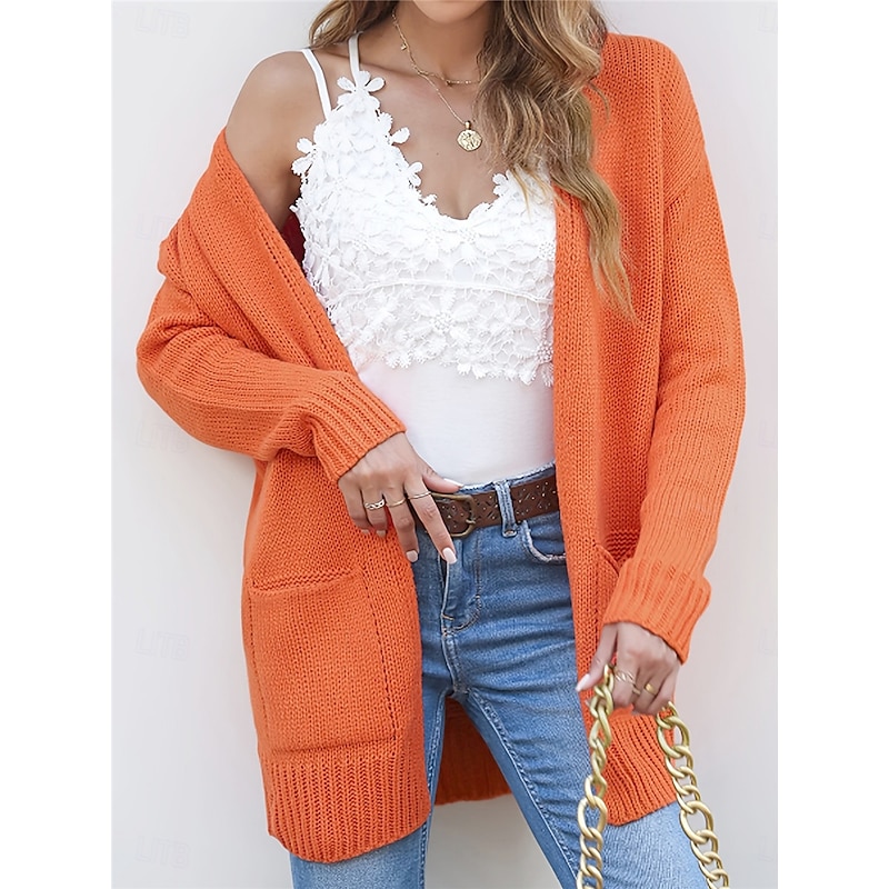 Women's Sweater Cardigan Casual Soft Pure Color Ribbed Open Front Pocket Knitted Long Sleeve Regular Tops Knit Outdoor Daily Weekend Orange Fall Winter4