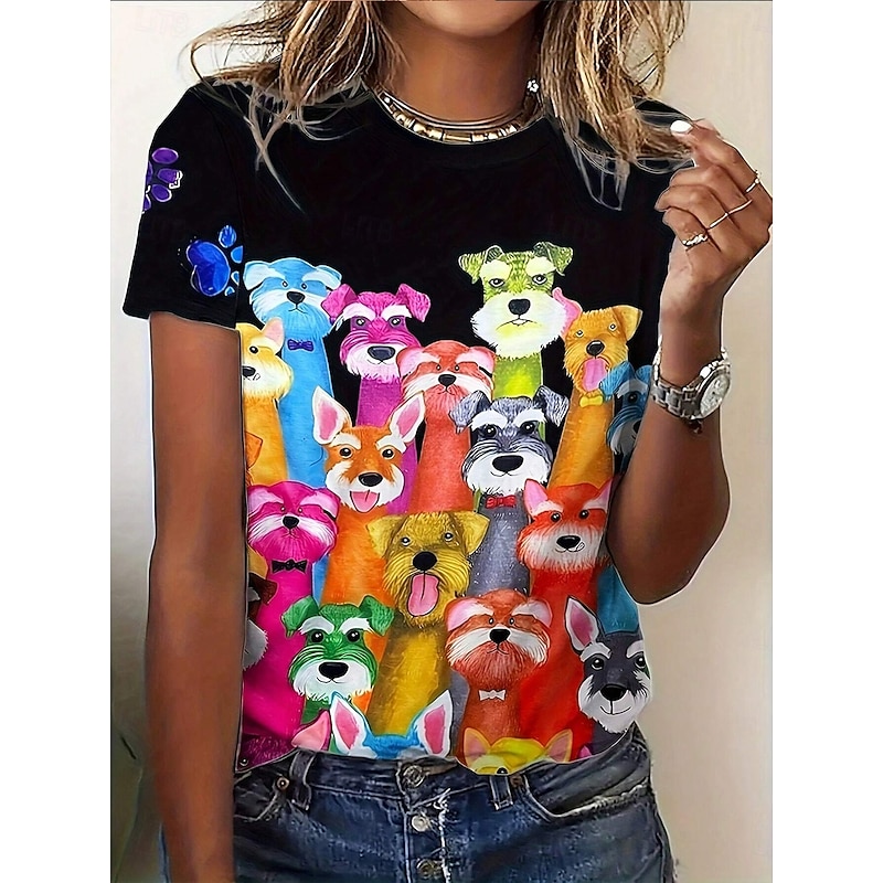 Women's T Shirt Animal Fashion Casual Short Sleeve Crew Neck Regular Tops Daily Print Black Fall Winter