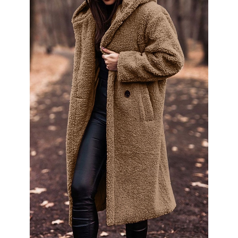 Women's Fleece Jacket Teddy Coat Hoodie Jacket Warm Breathable Buttons Pocket Fleece Lined Casual Plain Vacation Street Daily Wear Going out Single Breasted Long Hoodie Regular Fit Long Sleeve4