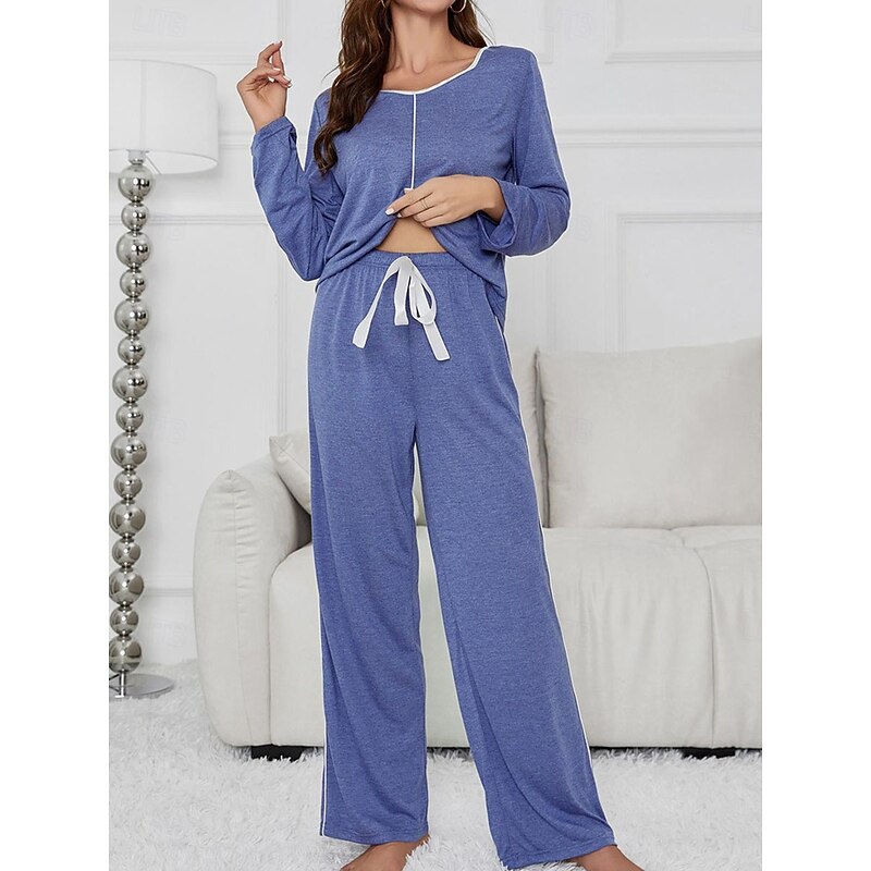 Women's Pajama Set Pure Color Casual Comfort Home Daily Comfort Warm V Neck Long Sleeve T shirt Tee Pant Elastic Waist Fall Winter Home Outfits