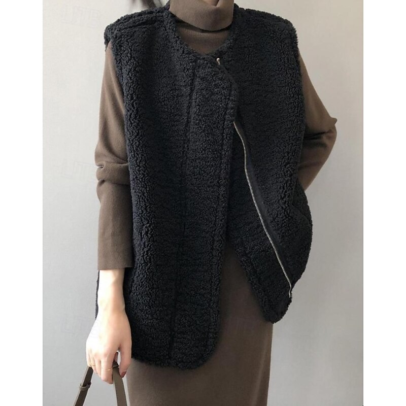 Women's Casual Jacket Outdoor Zipper Solid Color Windproof Fashion Regular Fit Outerwear Sleeveless Fall Black M4