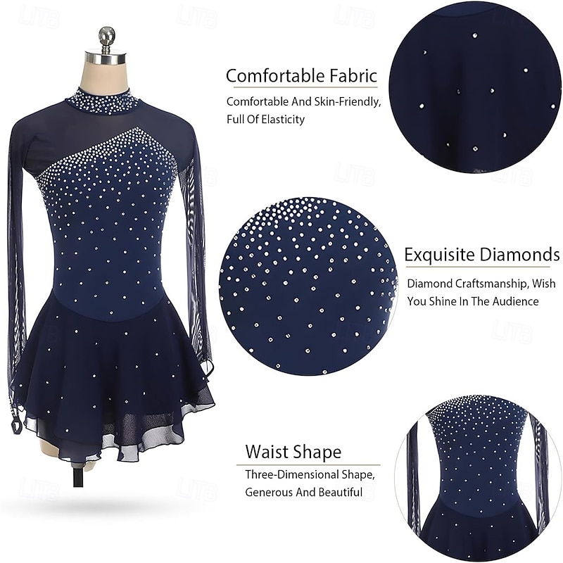 Figure Skating Dress Mesh Rhinestone Turtleneck Long Sleeves Figure Skating Competition Performance Costume4