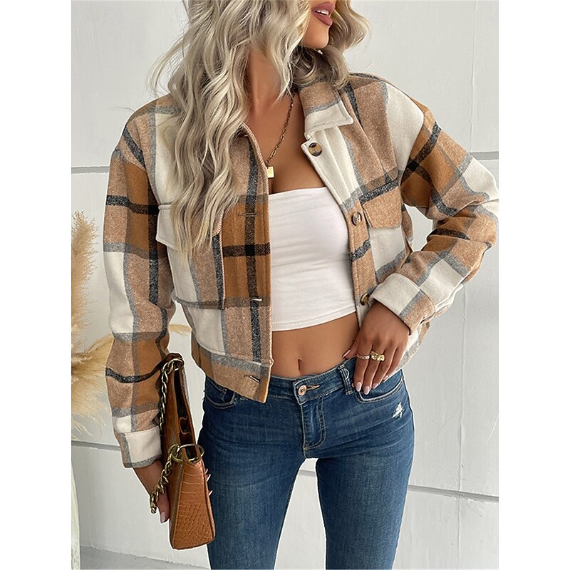 Women's Casual Jacket Outdoor Street Daily Wear Fall Winter Short Coat Regular Fit Thermal Warm Breathable Stylish Casual Jacket Long Sleeve Stripes and Plaid with Pockets Print Black Navy Blue Purple