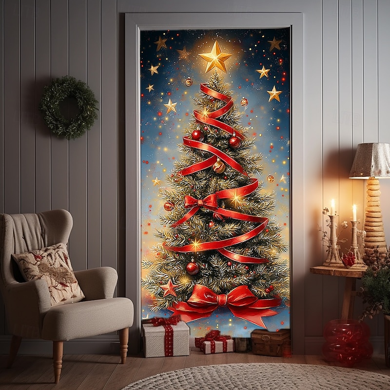 Christmas Door Decorations Door Covers Xmas Tree Ornaments Door Tapestry Door Curtain Decoration Backdrop Indoor/Outdoor Door Banner for Front Door Farmhouse