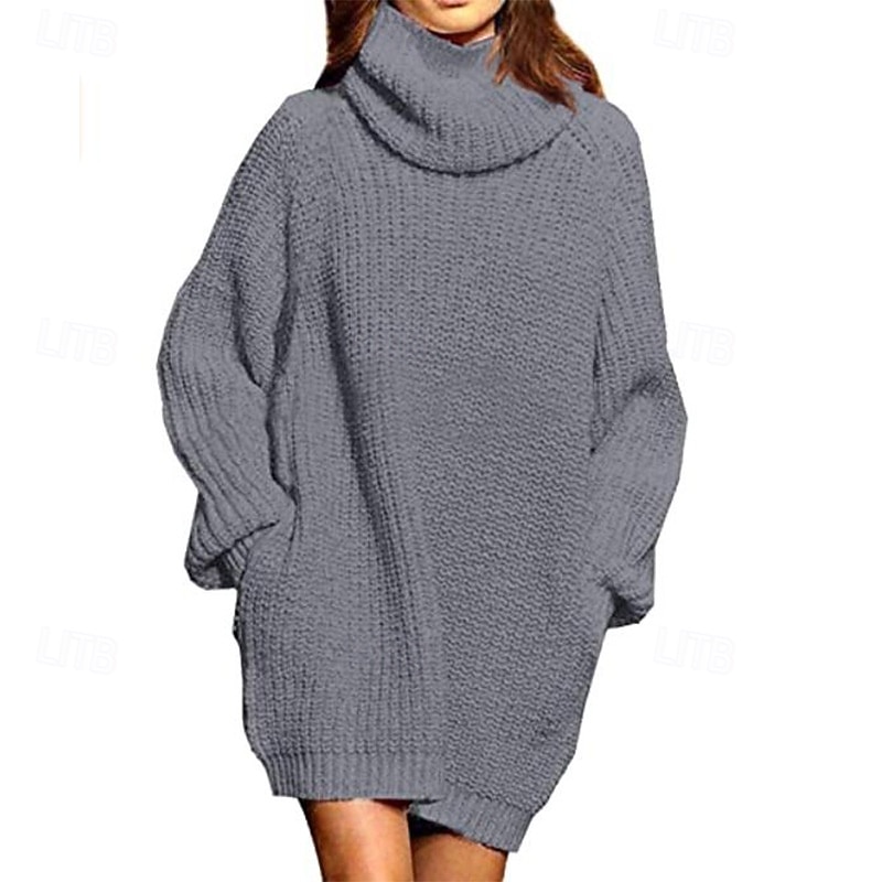 Women's Sweater Dress Casual Solid Color Turtleneck Knitted Long Sleeve Regular Tops Knit Daily Weekend Black Red Fall Winter3