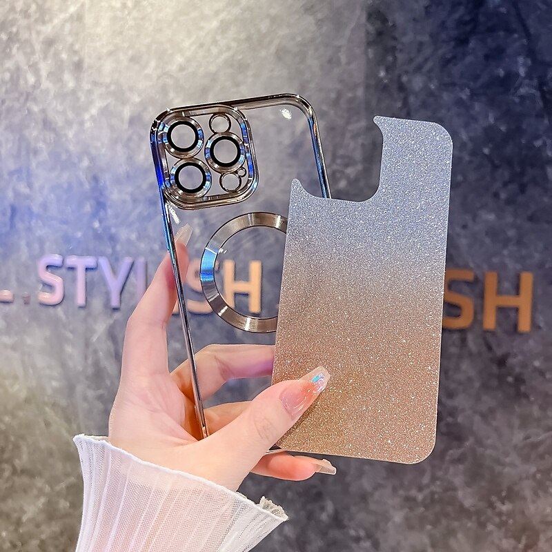 Phone Case For iPhone 16 15 14 Pro Max Plus 13 12 Pro Max Back Cover Magnetic Support Wireless Charging Bling Glitter Shiny Retro TPU Plating PC3