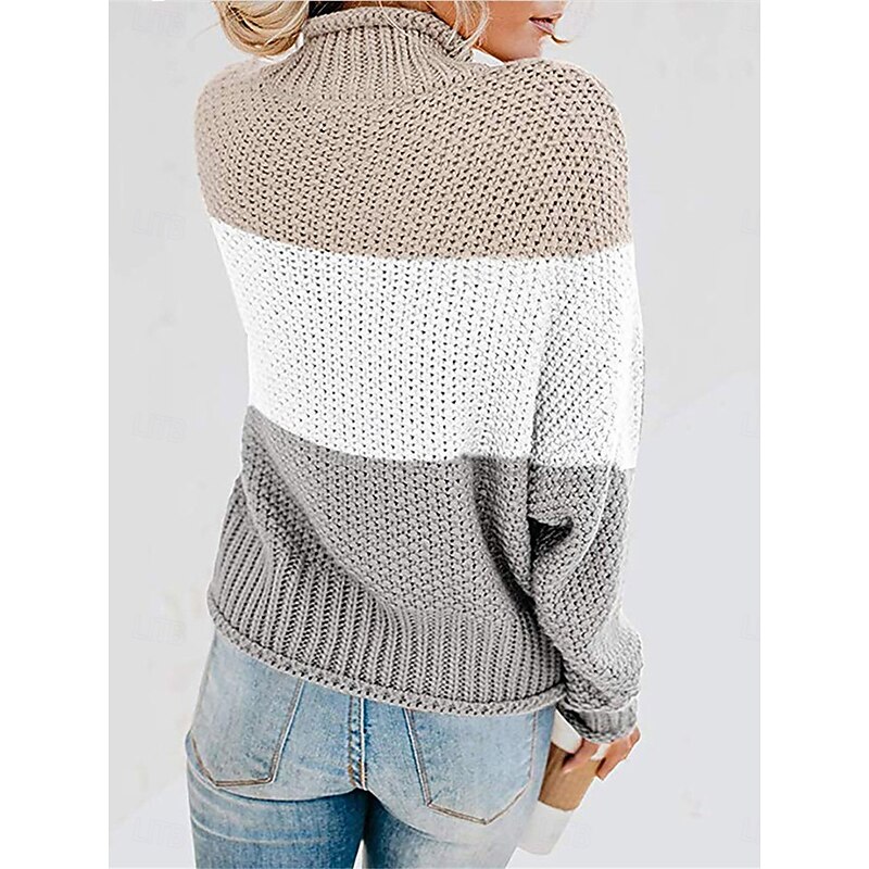 Women's Sweater Pullover Sweater Jumper Casual Soft Striped Ribbed Stand Collar Patchwork Knitted Long Sleeve Regular Tops Knit Outdoor Daily Weekend Black Red Fall Winter4