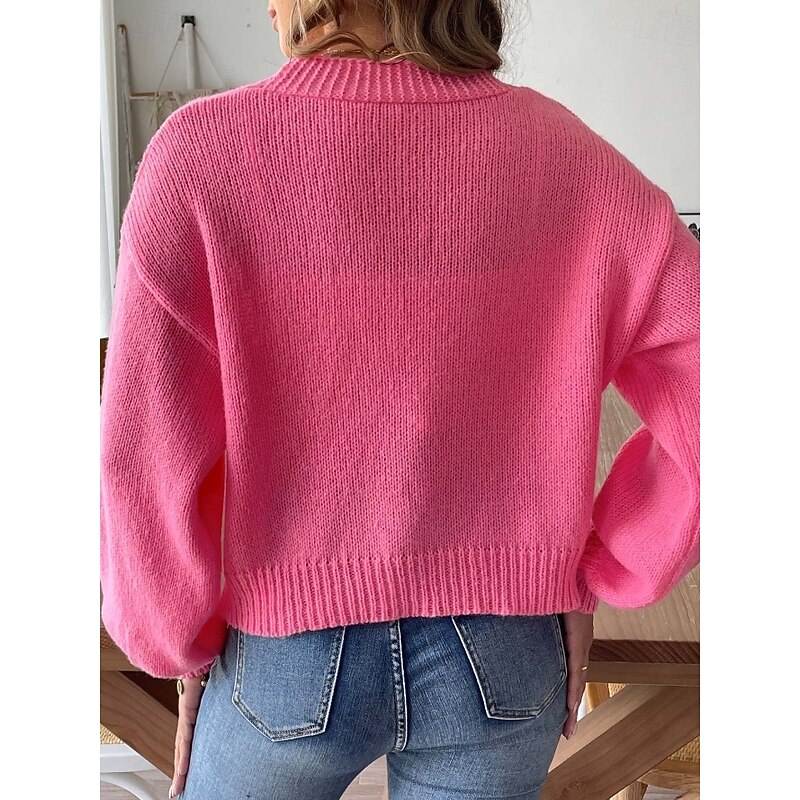 Women's Sweater Cardigan Elegant Casual Soft Pure Color Ribbed V Neck Beaded Knitted Long Sleeve Regular Tops Knit Outdoor Daily Weekend Pink Fall Winter2