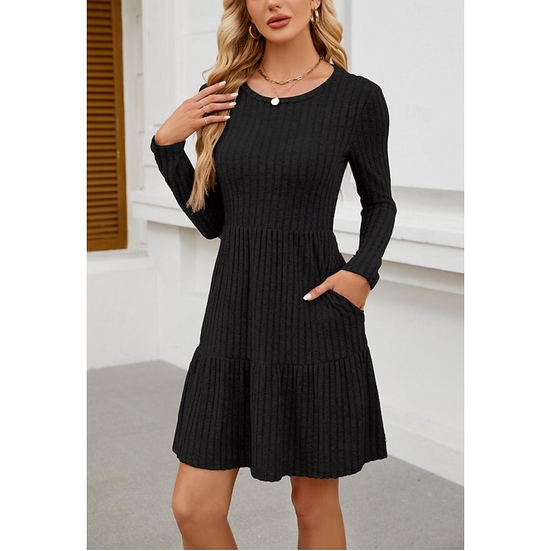 Women's Work Dress Black Dress Elegant Daily Mini Dress Design Crew Neck Long Sleeve Plain Loose Fit Black Spring Fall S M L XL 2XL