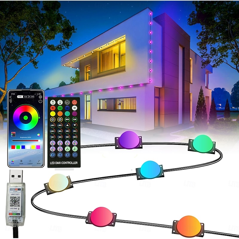 USB interface Black Permanent Eaves Light, LED String Eternity Lights 49ft 50 LEDs with Bluetooth APP with IR44 Key Controller RGBIC Intelligent Light IP65 Waterproof Roof Christmas Holiday Outdoor