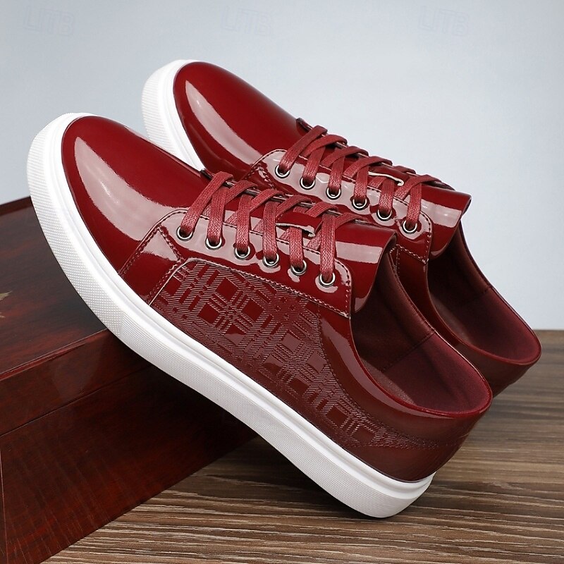 Men's Glossy Red Lace-Up Sneakers with Geometric Pattern, Stylish Casual Shoes for Fashion Events and Streetwear3