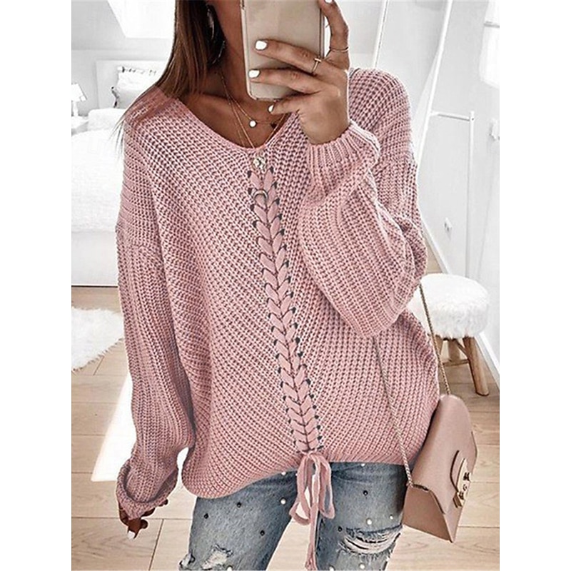 Women's Sweater Pullover Sweater Jumper Casual Soft Pure Color Ribbed V Neck Knitted Long Sleeve Regular Tops Knit Outdoor Daily Weekend Pink Blue Fall Winter