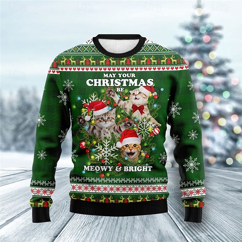 Ugly Christmas Sweater Men's Sweaters Cat Elk Snowflake Knitting Print Pullover Jumper New Years Eve Sweater Outdoor Daily Long Sleeve Crewnecks Green Fall Winter S M Ls