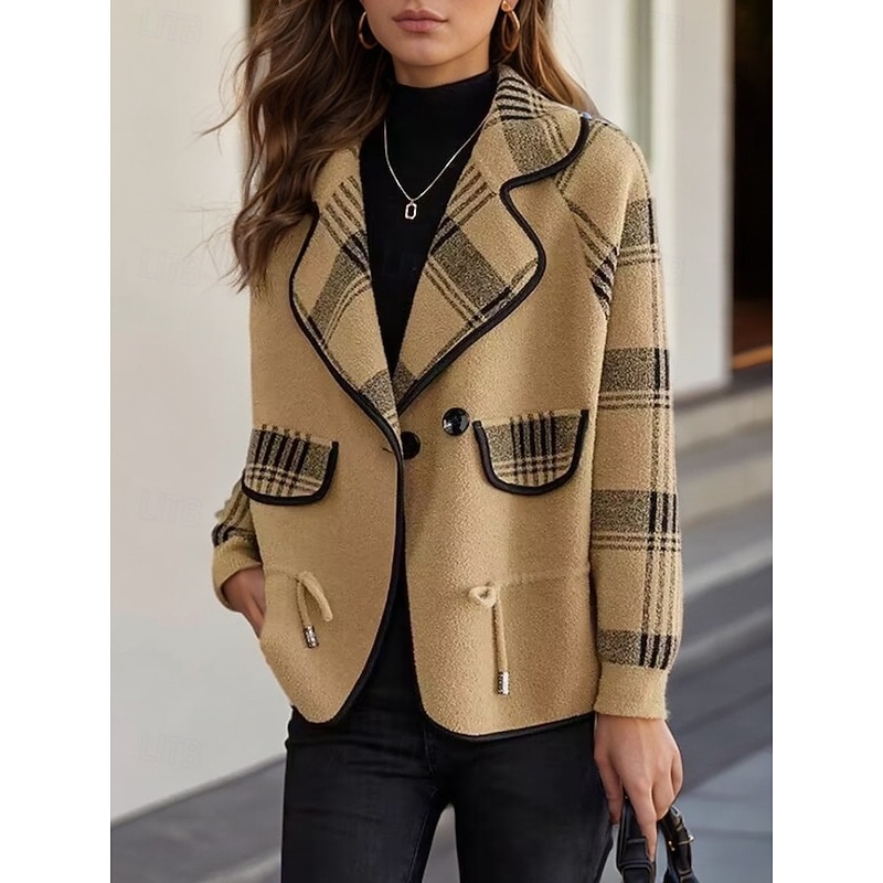 Women's Sweater Cardigan Sweater Jacket Shirt Collar Knit Patchwork Button Knitted Raglan Sleeves Spring Fall Daily Holiday Weekend Daily Stylish Casual Long Sleeve Plaid Color Block Black3
