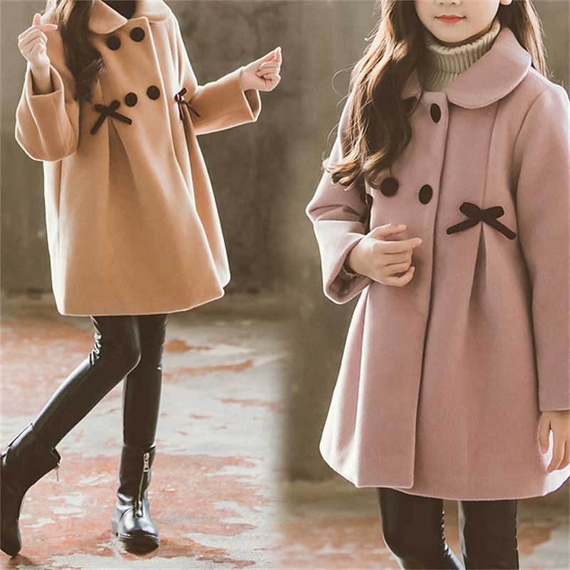 Kids Girls' Woolen Coat Long Sleeve Pink Khaki Solid Color Button Fall Winter Fashion School 3-7 Years - Main Image
