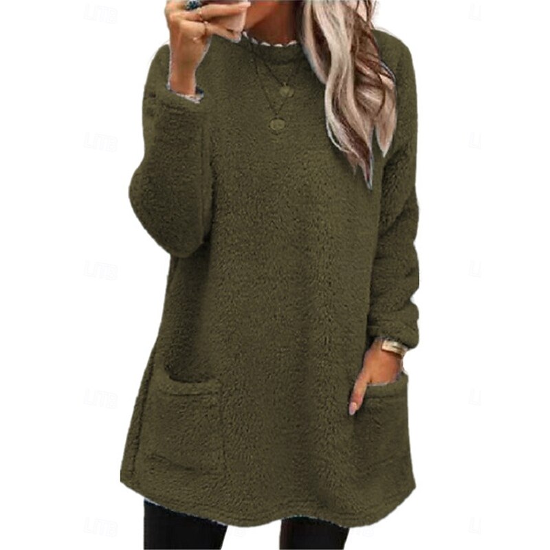 Women's Sweatshirt Casual Sherpa Plain Dailywear Crew Neck Pocket Long Sleeve Brown Green Gray Fall Winter3