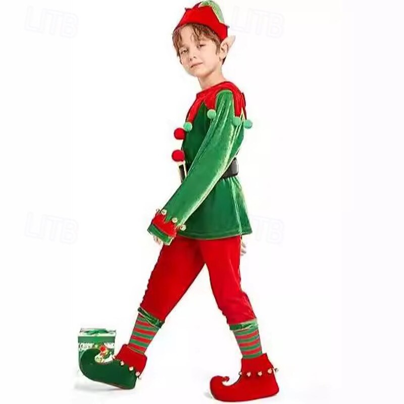 Elf Outfits Fancy Costume Christmas Costume Boys' Cosplay Costume Kid's Christmas New Year Christmas Eve Christmas Party 1 Pair of Earrings Top Pants Socks Shoes3