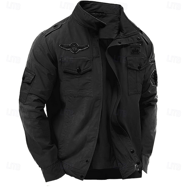 Men's Cotton Embroidered Military Jacket Cargo Jacket with Shoulder Straps Long Sleeve Standing Collar Multi-Pockets Coat Trucker Jacket Skull Letter Print Tactical Outerwear2
