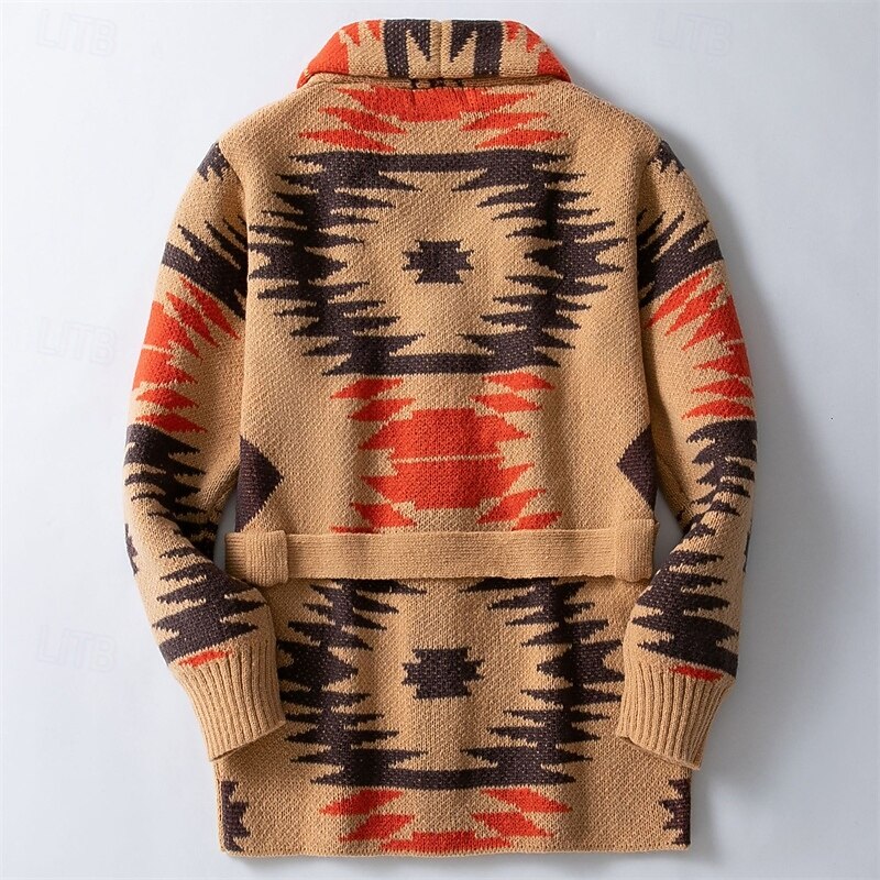 Men's Jacquard Sweater Cardigan Sweater Cropped  Sweater Ribbed Crochet Knit Regular Button Up Jacquard Vintage Shawl Collar Fashion Classic Daily Wear Date Clothing Apparel Fall & Winter khaki M L XL2